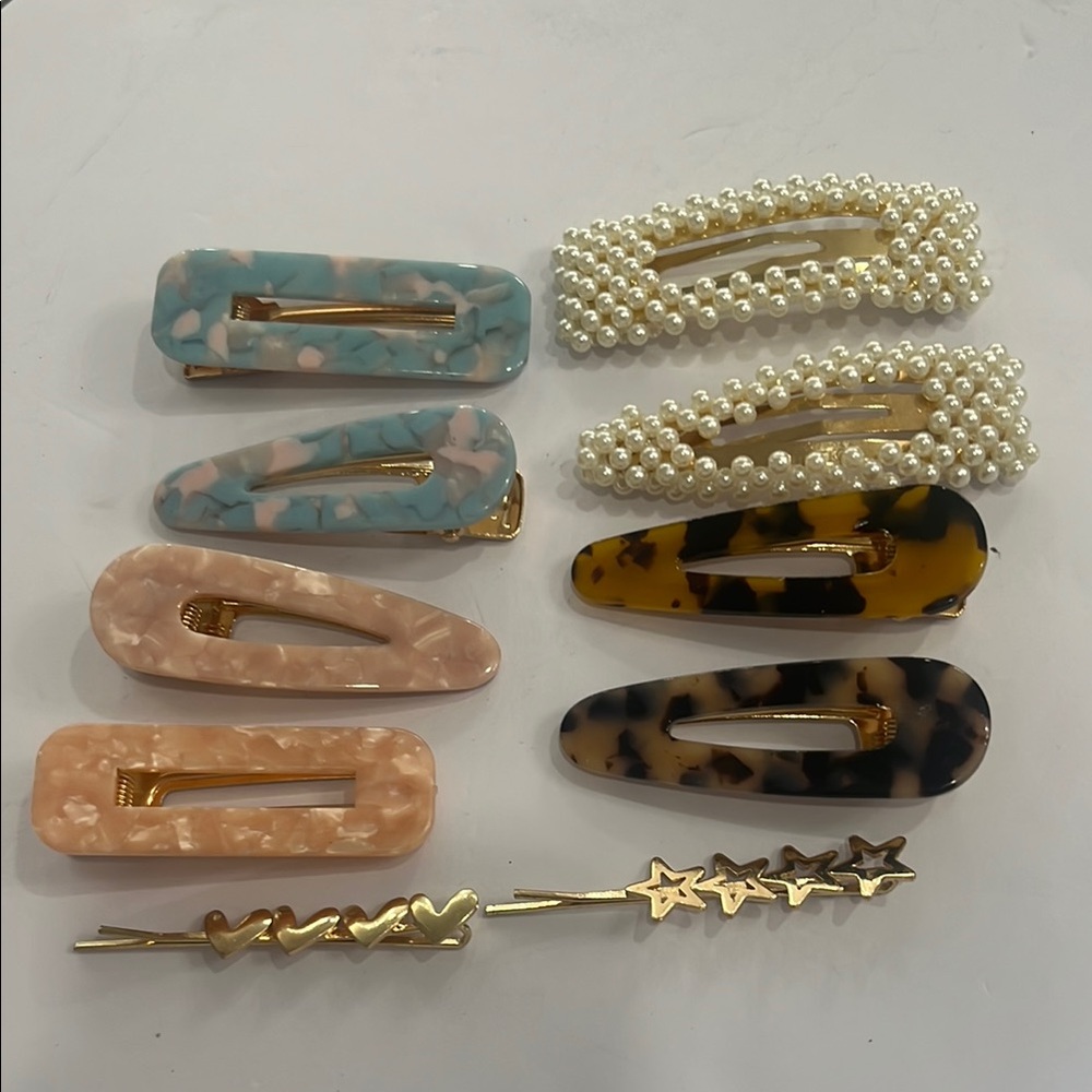 Pink and Blue Hair Accessories Set with Marbled and Beaded Designs